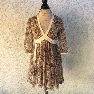 E-Lilah Brown White Sheer Paisley Babydoll Prairie Cottagecore Ruffle Dress 👗